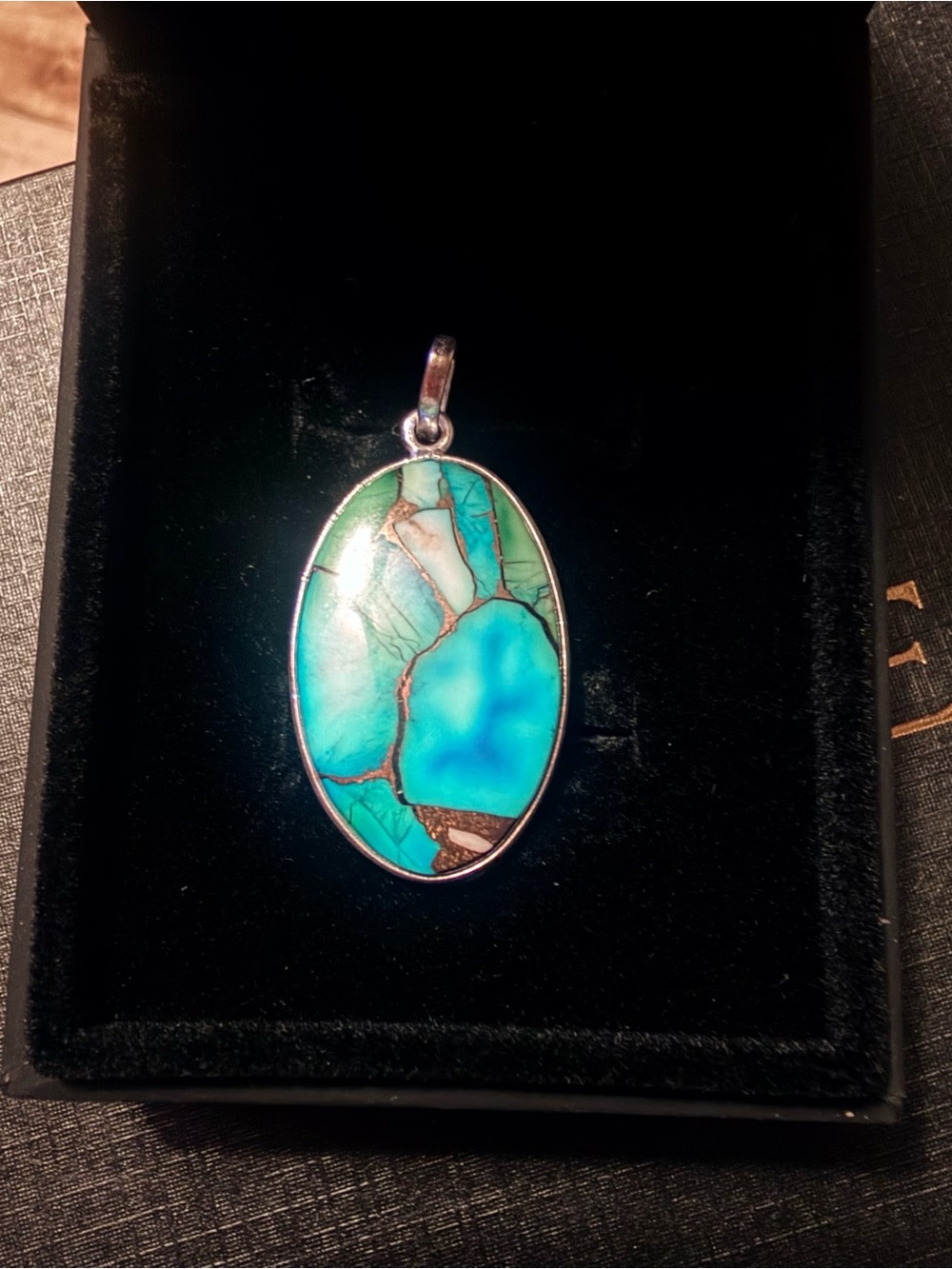 Southwestern Blue-Green Dahlia Turquoise Sterling Silver Large Oval Pendant
